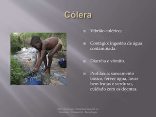  Vibrião colérico; 
 Contágio: ingestão de água 
contaminada. 
 Diarréia e vômito. 
 Profilaxia: saneamento 
básico, ferver água, lavar 
bem frutas e verduras, 
cuidado com os doentes. 
Microbiologia - Profa Dariana M. A. 
Salaman - Uniasselvi - Famelages 
 