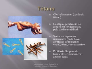  Clostridium tetani (bacilo do 
tétano) 
 Contágio: penetração do 
esporo em ferimentos ou 
pelo cordão umbilical; 
 Sintomas: espasmos 
musculares (pode haver 
contração de músculos 
vitais), febre, suor excessivo. 
 Profilaxia: limpeza de 
ferimentos, cuidados com 
objetos sujos. 
Microbiologia - Profa Dariana M. A. 
Salaman - Uniasselvi - Famelages 
 