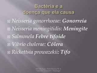  Neisseria gonorrhoeae: Gonorreia 
 Neisseria meningitidis: Meningite 
 Salmonela Febre tifoide 
 Vibrio cholerae: Cólera 
 Rickettsia prowazekii: Tifo 
Microbiologia - Profa Dariana M. A. 
Salaman - Uniasselvi - Famelages 
 