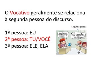 O Vocativo geralmente se relaciona
à segunda pessoa do discurso.
1ª pessoa: EU
2ª pessoa: TU/VOCÊ
3ª pessoa: ELE, ELA
Segunda pessoa
 