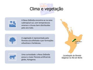 Clima e vegetação
A Nova Zelândia encontra-se na zona
subtropical sul, com temperaturas
amenas e chuvas bem distribuídas
pelo ano todo.
A vegetação é representada pela
floresta aciculifoliada e por formações
arbustivas e herbáceas.
Uma curiosidade: a Nova Zelândia
possui a maior floresta artificial do
globo, Kaingaroa.
Localização da floresta
Kaigaroa na ilha do Norte.
 