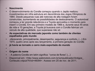 Nascimento O desenvolvimento do Corolla começou quando o Japão realizou investimentos em infra estrutura em decorrência dos Jogos Olímpicos de 1964. Desde pequenas ruas até rodovias de alta rodagem foram construídas, aumentando as possibilidades de deslocamento. O automóvel começou a ter grande relevância e a Toyota aproveitou o momento para inserir o Corolla. Em seu primeiro modelo de 1966 e, durante seus 45 anos de vida e 10 gerações, a Toyota já buscava com o Corolla fabricar um veículo de alta qualidade, que superasse não só As expectativas do mercado japonês como também de clientes espalhados pelo mundo ,oferecendo, principalmente, desempenho, segurança e conforto. (...) Em 1970, quatro anos após seu lançamento, a primeira geração do Corolla já havia se tornado o carro mais exportado do mundo . Origem do nome : A palavra Corolla em latim significa: “coroa de flores”.(...) Disponível em: <http://www.webmotors.com.br/wmpublicador/Antigos_ Conteudo.vxlpub?hnid=46094>. Acesso em 25 de nov. de 2011. 