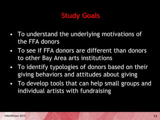 13©WolfBrown 2015
Study Goals
• To understand the underlying motivations of
the FFA donors
• To see if FFA donors are different than donors
to other Bay Area arts institutions
• To identify typologies of donors based on their
giving behaviors and attitudes about giving
• To develop tools that can help small groups and
individual artists with fundraising
 