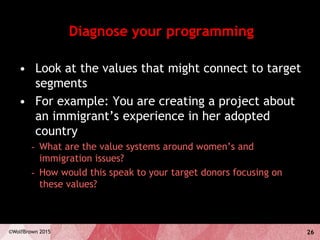 26©WolfBrown 2015
Diagnose your programming
• Look at the values that might connect to target
segments
• For example: You are creating a project about
an immigrant’s experience in her adopted
country
- What are the value systems around women’s and
immigration issues?
- How would this speak to your target donors focusing on
these values?
 