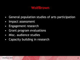 4©WolfBrown 2015
WolfBrown
• General population studies of arts participation
• Impact assessment
• Engagement research
• Grant program evaluations
• Misc. audience studies
• Capacity building in research
 