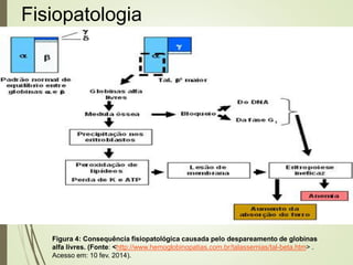 Fisiopatologia

Figura 4: Consequência fisiopatológica causada pelo despareamento de globinas
alfa livres. (Fonte: <http://www.hemoglobinopatias.com.br/talassemias/tal-beta.htm> .
Acesso em: 10 fev. 2014).

 