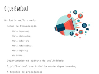 O que é mídia?
Do latim media = meio
Meios de Comunicação
Mídia impressa;
Mídia eletrônica;
Mídia Exterior;
Mídia Alternativa;
Mídia Digital;
Não Mídia.
Departamento na agência de publicidade;
O profissional que trabalha neste departamento;
A técnica de propaganda;
 