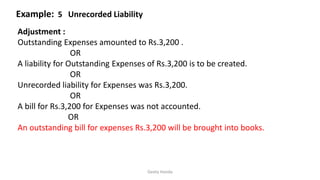 Example: 5 Unrecorded Liability
Geeta Handa
Adjustment :
Outstanding Expenses amounted to Rs.3,200 .
OR
A liability for Outstanding Expenses of Rs.3,200 is to be created.
OR
Unrecorded liability for Expenses was Rs.3,200.
OR
A bill for Rs.3,200 for Expenses was not accounted.
OR
An outstanding bill for expenses Rs.3,200 will be brought into books.
 