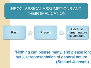 NEOCLASSICAL ASSUMPTIONS AND
      THEIR IMPLICATION


                                  Because
Past            Present        human nature
                                is constant.




  “Nothing can please many, and please long
   but just representation of general nature.
                          (Samuel Johnson)
 