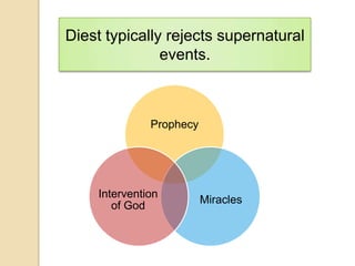 Diest typically rejects supernatural
               events.



              Prophecy




    Intervention
                         Miracles
       of God
 