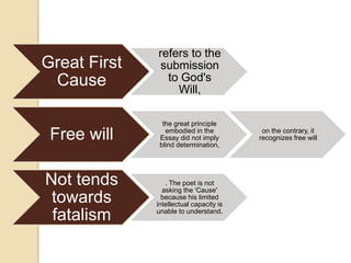 refers to the
Great First    submission
 Cause          to God's
                  Will,

                the great principle

 Free will       embodied in the
               Essay did not imply
               blind determination,
                                          on the contrary, it
                                         recognizes free will




Not tends        . The poet is not
                asking the 'Cause'
 towards        because his limited
              intellectual capacity is

 fatalism     unable to understand.
 