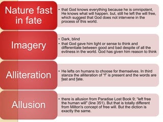 Nature fast    • that God knows everything because he is omnipotent,
                 He knows what will happen. but, still he left the will free,
                 which suggest that God does not intervene in the
  in fate        process of this world.



               • Dark, blind

 Imagery       • that God gave him light or sense to think and
                 differentiate between good and bad despite of all the
                 evilness in the world. God has given him reason to think




               • He lefts on humans to choose for themselves. In third
Alliteration     stanza the alliteration of “f” is present and the words are
                 fast and fate.




               • there is allusion from Paradise Lost Book 9; “left free

 Allusion        the human will" (line 351). But that is totally different
                 from Milton's concept of free will. But the diction is
                 exactly the same.
 