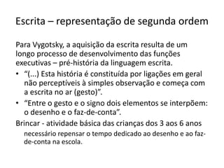Escrita – representação de segunda ordem
Para Vygotsky, a aquisição da escrita resulta de um
longo processo de desenvolvimento das funções
executivas – pré-história da linguagem escrita.
• “(...) Esta história é constituída por ligações em geral
não perceptíveis à simples observação e começa com
a escrita no ar (gesto)”.
• “Entre o gesto e o signo dois elementos se interpõem:
o desenho e o faz-de-conta”.
Brincar - atividade básica das crianças dos 3 aos 6 anos
necessário repensar o tempo dedicado ao desenho e ao faz-
de-conta na escola.
 