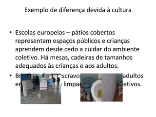 Exemplo de diferença devida à cultura
• Escolas europeias – pátios cobertos
representam espaços públicos e crianças
aprendem desde cedo a cuidar do ambiente
coletivo. Há mesas, cadeiras de tamanhos
adequados às crianças e aos adultos.
• Brasil – cultura escravocrata persiste - adultos
encarregados de limpar os espaços coletivos.
 