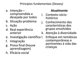 Princípios fundamentais (Dewey)
a. Intenção –
compreendida e
desejada por todos
b. Situação-problema
c. Ação
d. Real experiência
anterior
e. Investigação científica
f. Integração
g. Prova final (houve
aprendizagem)
h. Eficácia social
Atualmente
i. Contexto sócio-
histórico
j. Conhecimento das
características dos
grupos envolvidos
k. Atenção à diversidade
l. Enfoque em temáticas
contemporâneas e
pertinentes à vida das
crianças
 