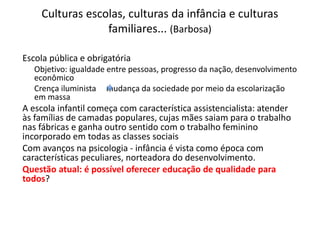 Culturas escolas, culturas da infância e culturas
familiares... (Barbosa)
Escola pública e obrigatória
Objetivo: igualdade entre pessoas, progresso da nação, desenvolvimento
econômico
Crença iluminista mudança da sociedade por meio da escolarização
em massa
A escola infantil começa com característica assistencialista: atender
às famílias de camadas populares, cujas mães saiam para o trabalho
nas fábricas e ganha outro sentido com o trabalho feminino
incorporado em todas as classes sociais
Com avanços na psicologia - infância é vista como época com
características peculiares, norteadora do desenvolvimento.
Questão atual: é possível oferecer educação de qualidade para
todos?
 
