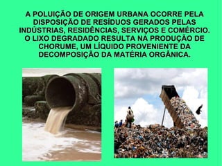 A POLUIÇÃO DE ORIGEM URBANA OCORRE PELAA POLUIÇÃO DE ORIGEM URBANA OCORRE PELA
DISPOSIÇÃO DE RESÍDUOS GERADOS PELASDISPOSIÇÃO DE RESÍDUOS GERADOS PELAS
INDÚSTRIAS, RESIDÊNCIAS, SERVIÇOS E COMÉRCIO.INDÚSTRIAS, RESIDÊNCIAS, SERVIÇOS E COMÉRCIO.
O LIXO DEGRADADO RESULTA NA PRODUÇÃO DEO LIXO DEGRADADO RESULTA NA PRODUÇÃO DE
CHORUME, UM LÍQUIDO PROVENIENTE DACHORUME, UM LÍQUIDO PROVENIENTE DA
DECOMPOSIÇÃO DA MATÉRIA ORGÂNICA.DECOMPOSIÇÃO DA MATÉRIA ORGÂNICA.
 