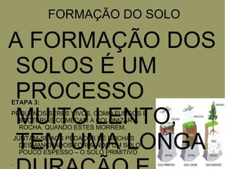 FORMAÇÃO DO SOLO
A FORMAÇÃO DOS
SOLOS É UM
PROCESSO
MUITO LENTO,
TEM UMA LONGA
ETAPA 3:ETAPA 3:
PEQUENOS SERES VIVOS, COMO FUNGOS E
BACTÉRIAS COMEÇAM A COLONIZAR A
ROCHA. QUANDO ESTES MORREM,
JUNTAM-SE AOS PEDAÇOS DE ROCHAS
DESMANCHADOS FORMANDO UM SOLO
POUCO ESPESSO – O SOLO PRIMITIVO
.
 