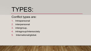 TYPES:
Conflict types are:
1. Intrapersonal
2. interpersonal
3. intergroup,
4. intragroup/intersociety
5. International/global.
 