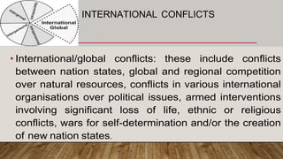 • International/global conflicts: these include conflicts
between nation states, global and regional competition
over natural resources, conflicts in various international
organisations over political issues, armed interventions
involving significant loss of life, ethnic or religious
conflicts, wars for self-determination and/or the creation
of new nation states.
INTERNATIONAL CONFLICTS
 