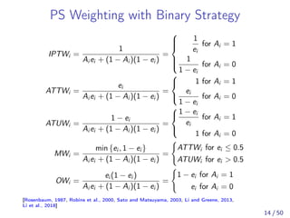 PS Weighting with Binary Strategy
IPTWi =
1
Ai ei + (1 − Ai )(1 − ei )
=
⎧
⎪⎪⎨
⎪⎪⎩
1
ei
for Ai = 1
1
1 − ei
for Ai = 0
ATTWi =
ei
Ai ei + (1 − Ai )(1 − ei )
=
⎧
⎨
⎩
1 for Ai = 1
ei
1 − ei
for Ai = 0
ATUWi =
1 − ei
Ai ei + (1 − Ai )(1 − ei )
=
⎧
⎨
⎩
1 − ei
ei
for Ai = 1
1 for Ai = 0
MWi =
min {ei , 1 − ei }
Ai ei + (1 − Ai )(1 − ei )
=
ATTWi for ei ≤ 0.5
ATUWi for ei > 0.5
OWi =
ei (1 − ei )
Ai ei + (1 − Ai )(1 − ei )
=
1 − ei for Ai = 1
ei for Ai = 0
[Rosenbaum, 1987, Robins et al., 2000, Sato and Matsuyama, 2003, Li and Greene, 2013,
Li et al., 2018]
14 / 50
 