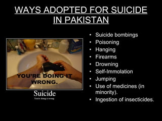 WAYS ADOPTED FOR SUICIDE IN PAKISTAN Suicide bombings Poisoning Hanging Firearms Drowning Self-Immolation Jumping Use of medicines (in minority). Ingestion of insecticides. 