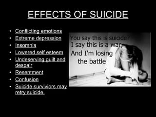 EFFECTS OF SUICIDE Conflicting emotions Extreme depression Insomnia Lowered self esteem Undeserving guilt and despair Resentment Confusion Suicide surviviors may retry suicide. 
