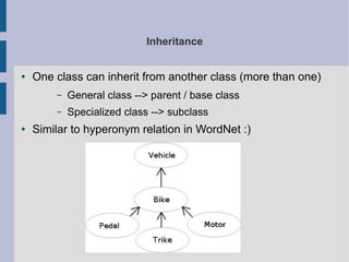 Inheritance 
● One class can inherit from another class (more than one) 
– General class --> parent / base class 
– Specialized class --> subclass 
● Similar to hyperonym relation in WordNet :) 
 