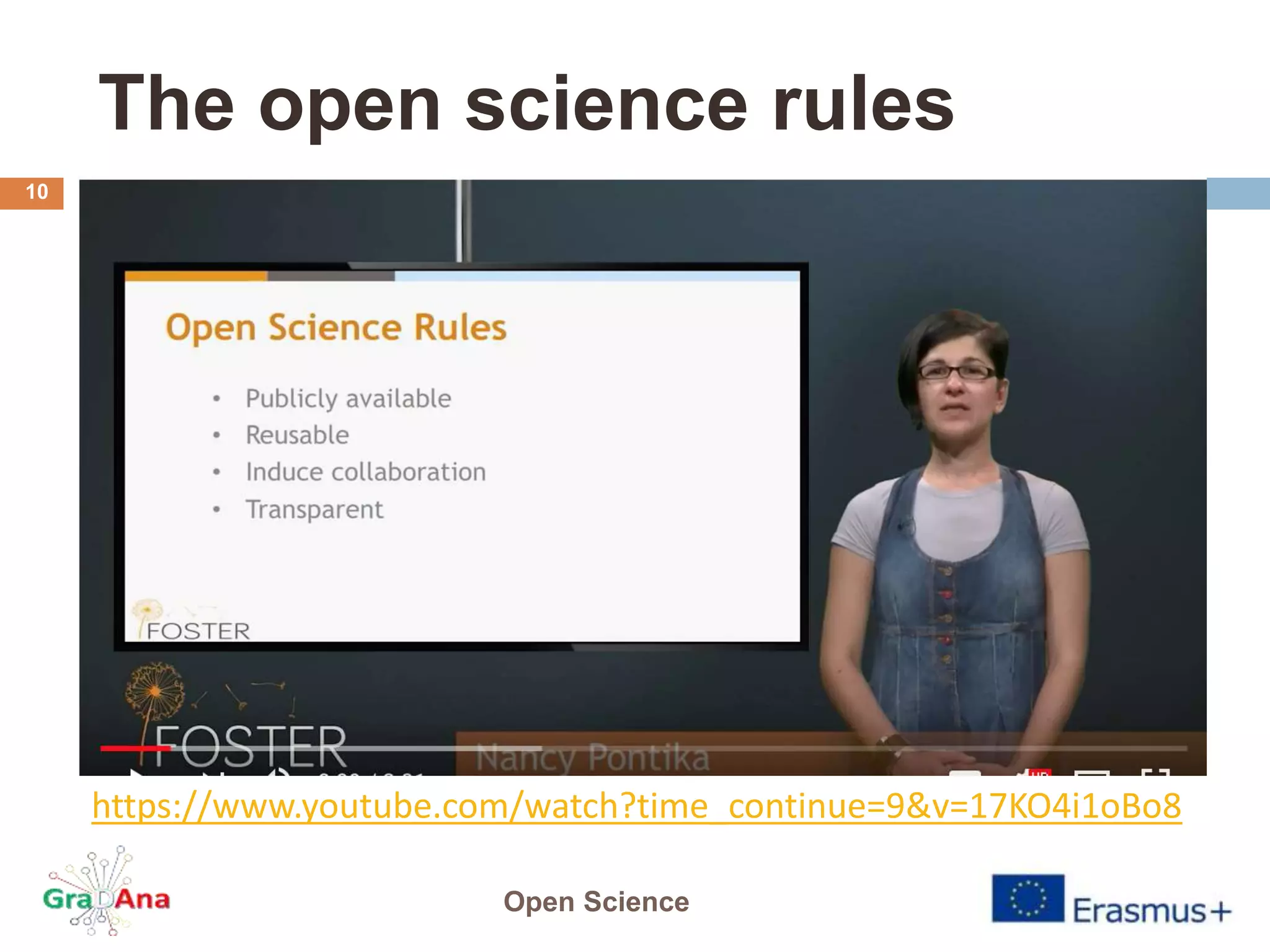 The open science rules
https://www.youtube.com/watch?time_continue=9&v=17KO4i1oBo8
Open Science
10
 