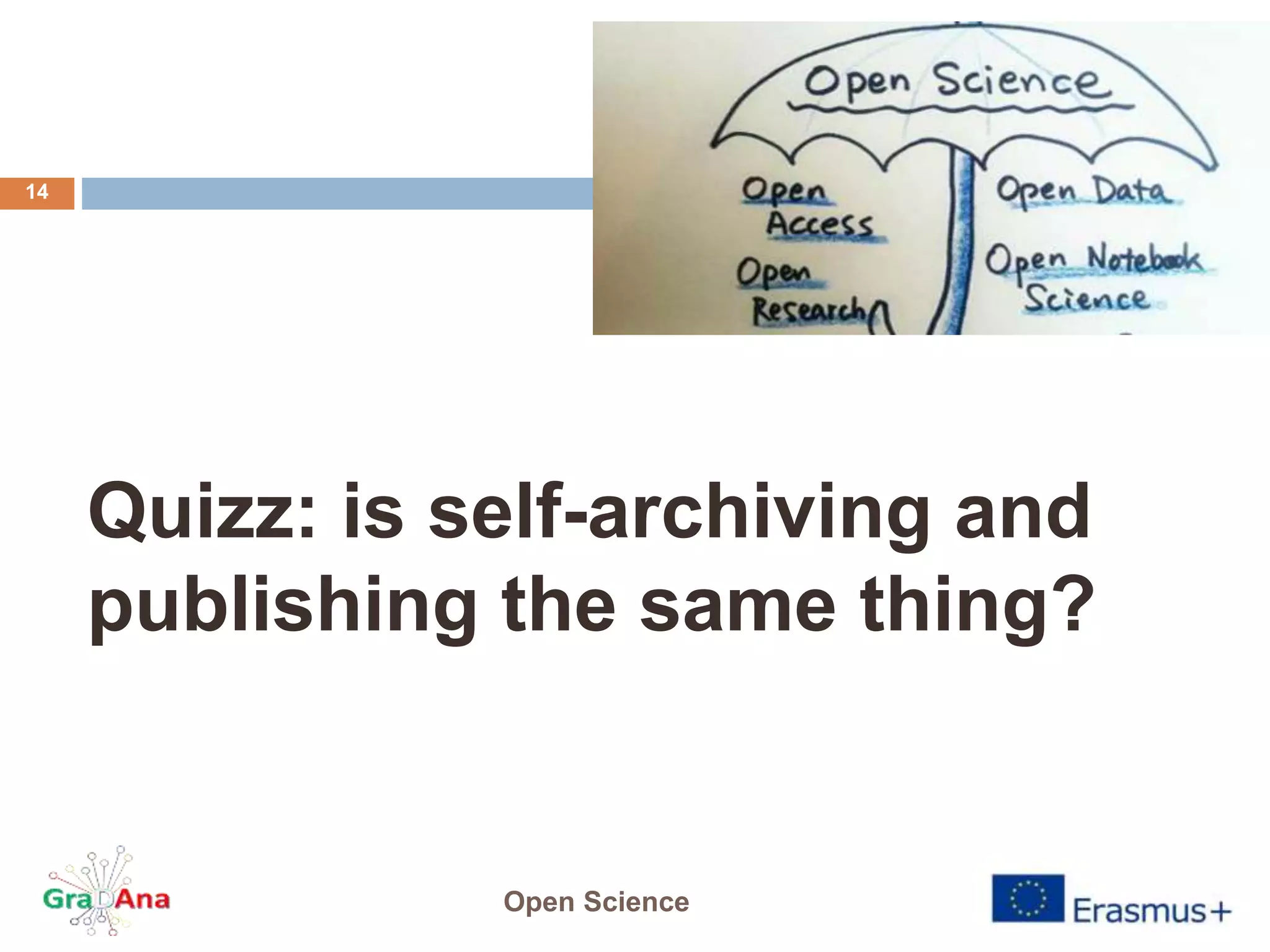 Quizz: is self-archiving and
publishing the same thing?
Open Science
14
 