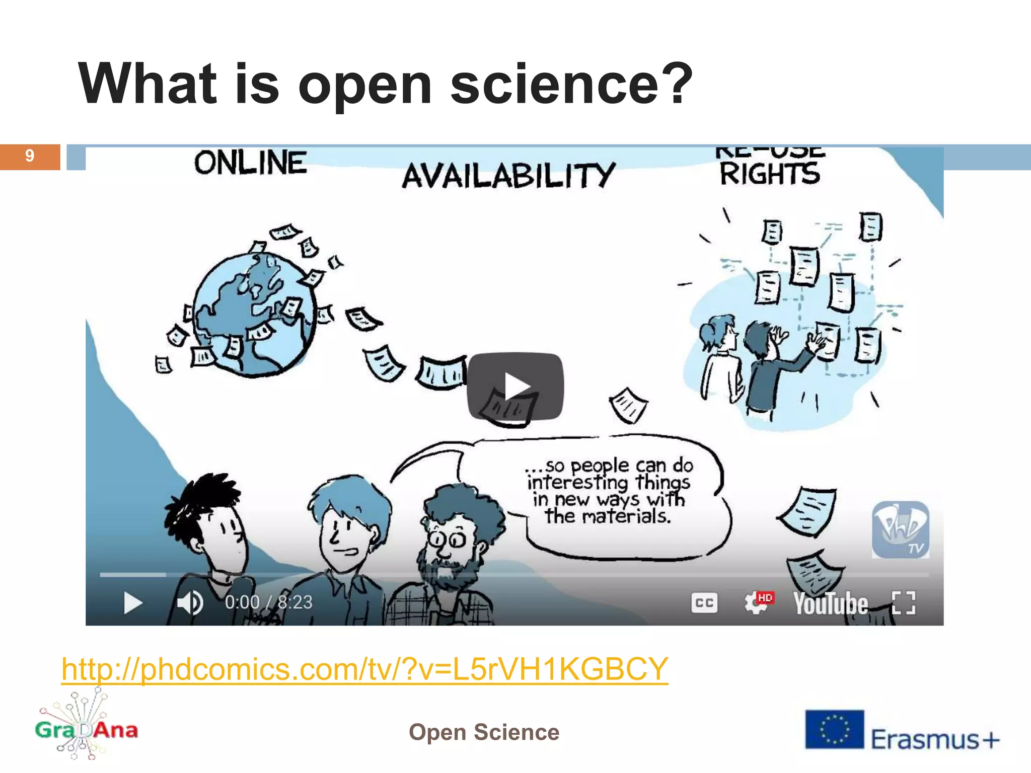 What is open science?
Open Science
9
http://phdcomics.com/tv/?v=L5rVH1KGBCY
 