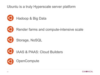 Ubuntu is a truly Hyperscale server platform


     Hadoop & Big Data


     Render farms and compute-intensive scale


     Storage, NoSQL


     IAAS & PAAS: Cloud Builders

     OpenCompute

11
 