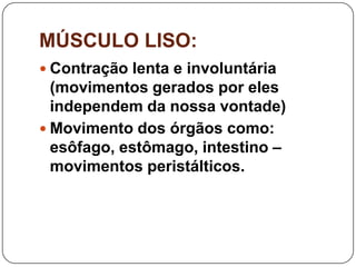 MÚSCULO LISO:
 Contração lenta e involuntária
  (movimentos gerados por eles
  independem da nossa vontade)
 Movimento dos órgãos como:
  esôfago, estômago, intestino –
  movimentos peristálticos.
 