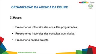 ORGANIZAÇÃO DA AGENDA DA EQUIPE
3º Passo:
• Preencher os intervalos das consultas programadas;
• Preencher os intervalos das consultas agendadas;
• Preencher o horário do café.
MACRO NORTE/REGIÃO ZÉ DOCA
 