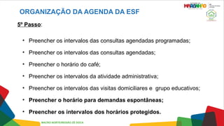 ORGANIZAÇÃO DA AGENDA DA ESF
5º Passo:
• Preencher os intervalos das consultas agendadas programadas;
• Preencher os intervalos das consultas agendadas;
• Preencher o horário do café;
• Preencher os intervalos da atividade administrativa;
• Preencher os intervalos das visitas domiciliares e grupo educativos;
• Preencher o horário para demandas espontâneas;
• Preencher os intervalos dos horários protegidos.
MACRO NORTE/REGIÃO ZÉ DOCA
 