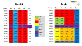 Manhã Tarde
CP
CA
DE
Grupo
Visita
Adm
Café
HP
Horário Seg Ter Qua Qui Sex
08:00 DE Visita DE DE Cito
08:20 DE Visita DE DE Cito
08:40 DE Visita DE DE Cito
9:00 DE Visita DE DE Cito
9:20 DE Visita DE DE Cito
9:40 DE Visita DE DE Cito
10:00 Café Visita Café Café Café
10:20 DE Visita DE DE Cito
10:40 DE Visita DE DE Cito
11:00 DE Visita DE DE Cito
11:20 DE Visita DE DE Cito
11:40 DE Visita DE DE Cito
12:00 DE Visita DE DE Cito
Horário Seg Ter Qua Qui Sex
13:00 DE DE DE DE HP
13:20 DE DE DE DE HP
13:40 DE DE DE DE HP
14:00 CP CP DE DE HP
14:20 CP CP DE DE HP
14:40 CP CP DE DE HP
15:00 Café Café Café Café Café
15:20 Grupo CA CA CA HP
15:40 Grupo CA CA CA HP
16:00 Grupo CA CA CA HP
16:20 Grupo CA CA CA HP
16:40 Grupo CA CA CA HP
17:00 Adm Adm Adm Adm HP
 