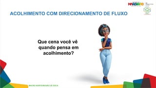 Que cena você vê
quando pensa em
acolhimento?
ACOLHIMENTO COM DIRECIONAMENTO DE FLUXO
MACRO NORTE/REGIÃO ZÉ DOCA
 