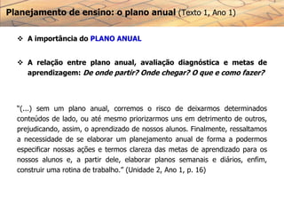 Planejamento de ensino: o plano anual (Texto 1, Ano 1)
 A importância do PLANO ANUAL
 A relação entre plano anual, avaliação diagnóstica e metas de
aprendizagem: De onde partir? Onde chegar? O que e como fazer?
“(...) sem um plano anual, corremos o risco de deixarmos determinados
conteúdos de lado, ou até mesmo priorizarmos uns em detrimento de outros,
prejudicando, assim, o aprendizado de nossos alunos. Finalmente, ressaltamos
a necessidade de se elaborar um planejamento anual de forma a podermos
especificar nossas ações e termos clareza das metas de aprendizado para os
nossos alunos e, a partir dele, elaborar planos semanais e diários, enfim,
construir uma rotina de trabalho.” (Unidade 2, Ano 1, p. 16)
 