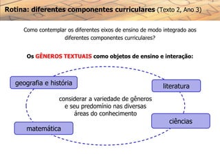 Rotina: diferentes componentes curriculares (Texto 2, Ano 3)
Como contemplar os diferentes eixos de ensino de modo integrado aos
diferentes componentes curriculares?
Os GÊNEROS TEXTUAIS como objetos de ensino e interação:
considerar a variedade de gêneros
e seu predomínio nas diversas
áreas do conhecimento
geografia e história
matemática
ciências
literatura
 