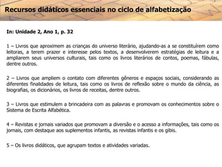 Recursos didáticos essenciais no ciclo de alfabetização
In: Unidade 2, Ano 1, p. 32
1 – Livros que aproximem as crianças do universo literário, ajudando-as a se constituírem como
leitoras, a terem prazer e interesse pelos textos, a desenvolverem estratégias de leitura e a
ampliarem seus universos culturais, tais como os livros literários de contos, poemas, fábulas,
dentre outros.
2 – Livros que ampliem o contato com diferentes gêneros e espaços sociais, considerando as
diferentes finalidades de leitura, tais como os livros de reflexão sobre o mundo da ciência, as
biografias, os dicionários, os livros de receitas, dentre outros.
3 – Livros que estimulem a brincadeira com as palavras e promovam os conhecimentos sobre o
Sistema de Escrita Alfabética.
4 – Revistas e jornais variados que promovam a diversão e o acesso a informações, tais como os
jornais, com destaque aos suplementos infantis, as revistas infantis e os gibis.
5 – Os livros didáticos, que agrupam textos e atividades variadas.
 