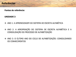 Referências
Fontes de referência:
UNIDADE 3
 ANO 1: A APRENDIZAGEM DO SISTEMA DE ESCRITA ALFABÉTICA
 ANO 2: A APROPRIAÇÃO DO SISTEMA DE ESCRITA ALFABÉTICA E A
CONSOLIDAÇÃO DO PROCESSO DE ALFABETIZAÇÃO
 ANO 3: O ÚLTIMO ANO DO CICLO DE ALFABETIZAÇÃO: CONSOLIDANDO
OS CONHECIMENTOS
 