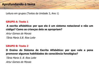 Aprofundando o tema
Leitura em grupos (Textos da Unidade 3, Ano 1)
GRUPO A: Texto 1
A escrita alfabética: por que ela é um sistema notacional e não um
código? Como as crianças dela se apropriam?
Artur Gomes de Morais
Tânia Maria S.B. Rios Leite
GRUPO B: Texto 2
O Ensino do Sistema de Escrita Alfabética: por que vale a pena
promover algumas habilidades de consciência fonológica?
Tânia Maria S. B. Rios Leite
Artur Gomes de Morais
 