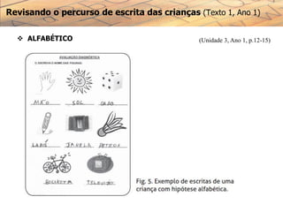 Revisando o percurso de escrita das crianças (Texto 1, Ano 1)
 ALFABÉTICO (Unidade 3, Ano 1, p.12-15)
 