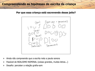 Compreendendo as hipóteses de escrita da criança
Por que essa criança está escrevendo desse jeito?
 Ainda não compreende que a escrita nota a pauta sonora
 Passível de REALISMO NOMINAL (coisas grandes, muitas letras...)
 Desafio: perceber a relação grafia-som
 