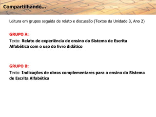 Compartilhando...
Leitura em grupos seguida de relato e discussão (Textos da Unidade 3, Ano 2)
GRUPO A:
Texto: Relato de experiência de ensino do Sistema de Escrita
Alfabética com o uso do livro didático
GRUPO B:
Texto: Indicações de obras complementares para o ensino do Sistema
de Escrita Alfabética
 