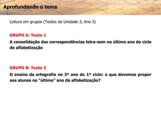 Aprofundando o tema
Leitura em grupos (Textos da Unidade 3, Ano 3)
GRUPO A: Texto 1
A consolidação das correspondências letra-som no último ano do ciclo
de alfabetização
GRUPO B: Texto 2
O ensino da ortografia no 3º ano do 1º ciclo: o que devemos propor
aos alunos no “último” ano da alfabetização?
 