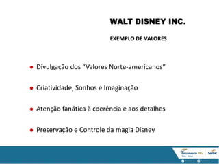 WALT DISNEY INC.
EXEMPLO DE VALORES
 Divulgação dos “Valores Norte-americanos”
 Criatividade, Sonhos e Imaginação
 Atenção fanática à coerência e aos detalhes
 Preservação e Controle da magia Disney
 