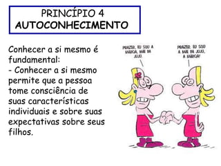 PRINCÍPIO 4
AUTOCONHECIMENTO
Conhecer a si mesmo é
fundamental:
- Conhecer a si mesmo
permite que a pessoa
tome consciência de
suas características
individuais e sobre suas
expectativas sobre seus
filhos.
 