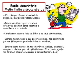 Estilo Autoritário:
Muito limite e pouco afeto:
- São pais que têm um alto nível de
exigência, mas pouca responsividade;
- Colocam muitas regras e limites
inflexíveis que têm como objetivo a
obediência e o controle;
- Consideram pouco o lado do filho, e os seus sentimentos;
- Sempre fazem valer a sua própria opinião, não permitindo
que seu filho participe de decisões ou escolhas;
- Estabelecem muitos limites (horários, amigos, diversão),
mas pouco afeto e participação (brincar, ficar junto, ajudar
nas tarefas, elogiar e valorizar o comportamento bom)
 