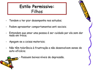 Estilo Permissivo:
Filhos
- Tendem a ter pior desempenho nos estudos;
- Podem apresentar comportamentos anti-sociais;
- Entendem que amar uma pessoa é ser cuidado por ela sem dar
nada em troca;
- Apegam-se a coisas materiais;
- Não têm tolerância à frustração e não desenvolvem senso de
auto-eficácia;
- Possuem baixos níveis de depressão.
 